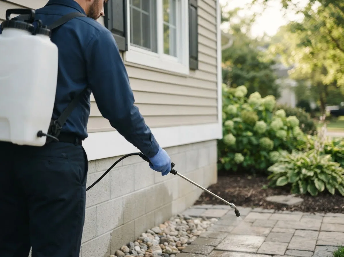 Pest control technician inspecting a home in Van Buren Point, NY